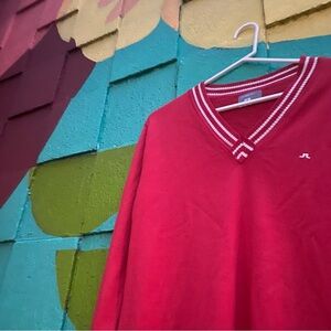 J. LINDEBERG Red 100% Merino Wool V neck Sweater with white stripes